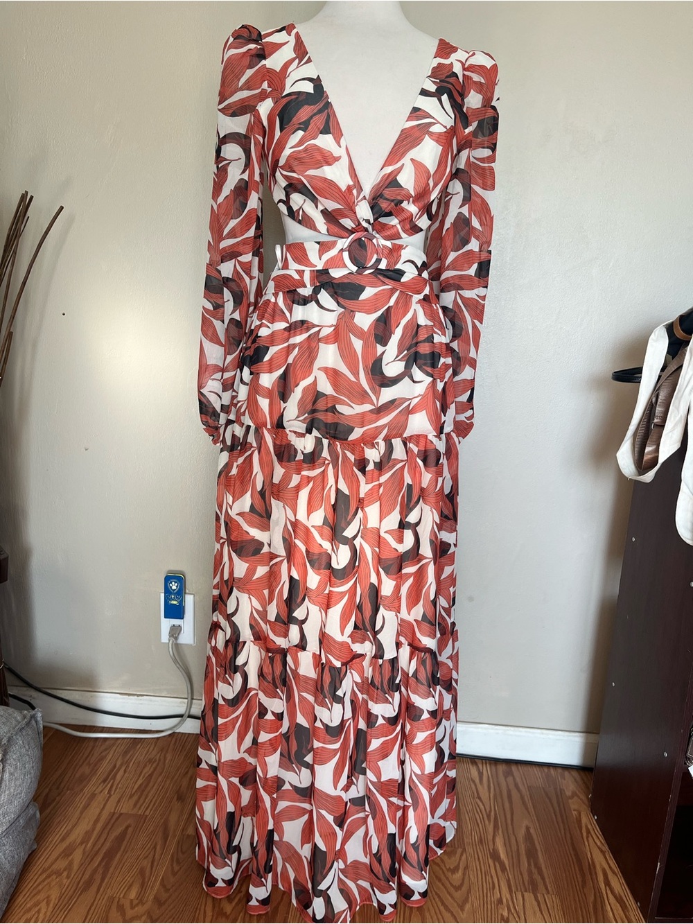 Gianni Bini Rust and White Leaf-Print Cutout Maxi Dress